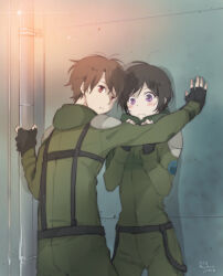  1boy 1girl against_wall aldnoah.zero amifumi_inko black_gloves black_hair blush brown_hair embarrassed fingerless_gloves gloves hand_on_wall hands_up harness hetero jusc0 kabedon kaizuka_inaho looking_at_another mecha_pilot_suit protecting red_eyes short_hair violet_eyes 