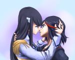  2girls black_hair blue_eyes epaulettes junketsu kill_la_kill kiryuuin_satsuki kiss long_hair matoi_ryuuko multiple_girls senketsu short_hair yuri 