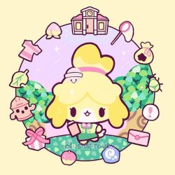  1girl animal_crossing animal_crossing:_new_leaf animal_ears animal_nose apple beetle bell blushsprout body_fur box bug building butterfly_net chibi chibi_only clipboard dog_ears dog_girl dog_tail envelope food fossil fruit furry furry_female gift gift_box green_assault_visor gyroid_(animal_crossing) hair_bell hair_ornament hand_net holding holding_clipboard isabelle_(animal_crossing) leaf peach protected_link shih_tzu shirt solo tail topknot two-tone_fur yellow_background yellow_fur yellow_theme 