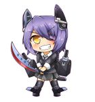  1girl chibi eyepatch greenteaneko headgear kantai_collection necktie personification purple_hair school_uniform short_hair smile solo sword tenryuu_(kantai_collection) thighhighs weapon yellow_eyes 