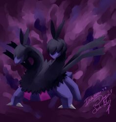  black_fur blue_fur claws covered_eyes highres inktober multiple_heads no_humans pokemon pokemon_(creature) purple_background signature solo sucki-artist two-tone_fur zweilous 