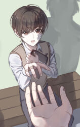 1boy 1other :o bench black_eyes black_hair book brown_vest collared_shirt commentary dreaming_nozomu height_difference highres holding holding_book kim_dokja long_sleeves oldest_dream omniscient_reader's_viewpoint open_mouth outstretched_arm pov pov_hands reaching reaching_towards_another shirt short_hair sitting vest white_shirt 