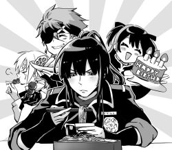  1girl 3boys allen_walker badge birthday birthday_cake black_order_uniform blush blush_stickers cake candle chopsticks closed_eyes collared_jacket collared_shirt colored_extremities cropped_torso cross cup d.gray-man dango earrings eating english_text eyelashes eyepatch facial_mark facing_another facing_to_the_side facing_viewer fingerless_gloves food forehead_mark frown gloves greyscale grin hair_between_eyes hair_ribbon happy_birthday headband high_collar high_ponytail holding holding_cake holding_chopsticks holding_cup holding_food holding_plate instant_cup_noodles instant_noodles iridori_nabe jacket jewelry kanda_yuu lavi lenalee_lee long_hair long_sleeves looking_at_food looking_down military military_uniform mitarashi_dango monochrome multiple_boys noodles offering_food one_eye_covered parted_bangs parted_lips plate ponytail profile ribbon scar scar_across_eye scar_on_face shirt short_hair sidelocks sleeves_rolled_up smile soba spiky_hair star_(symbol) star_facial_mark striped_background striped_clothes striped_headband striped_jacket stud_earrings two_side_up vegetable vertical-striped_clothes vertical-striped_headband vertical-striped_jacket wagashi white_background 