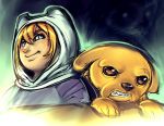  1boy adventure_time blonde_hair blue_eyes dog finn hood jake maniacpaint 