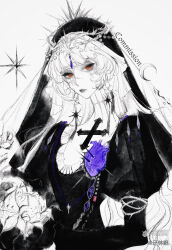 1girl absurdres character_request commission copyright_request cross crown_of_thorns dress earrings flower flower_earrings highres jewelry juliet_sleeves latin_cross long_hair long_sleeves mihuashi_commission nnnadaline orange_eyes original parted_lips puffy_sleeves purple_flower scar scar_on_face scar_on_nose solo spot_color upper_body veil watermark 