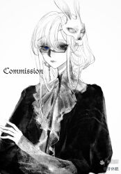  1girl black_eyes blue_eyes character_request closed_mouth commission copyright_request dress earrings expressionless glasses greyscale heterochromia highres jewelry key_earrings long_sleeves looking_at_viewer mask mask_on_head mihuashi_commission monochrome nnnadaline original rectangular_eyewear semi-rimless_eyewear single_earring solo spot_color under-rim_eyewear watermark 