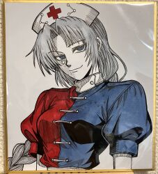  1girl absurdres blue_dress blue_eyes braid closed_mouth commentary_request constellation_print cross cross_print dress grey_hair hat highres long_hair looking_at_viewer nurse_cap print_hat puffy_short_sleeves puffy_sleeves red_cross red_dress ryoan_(voyagehermitage) shikishi short_sleeves single_braid smile solo touhou traditional_media two-tone_dress upper_body yagokoro_eirin 