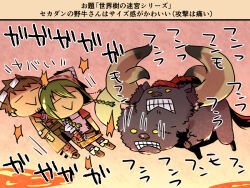  1boy 1girl abare_yagyuu_(sekaiju) afterimage beard_stubble black_fur boots braid brown_boots brown_hair chibi clenched_teeth coat commentary_request facial_hair green_hair hair_between_eyes headscarf horns kamosiro350 large_horns medic_(sekaiju_4) medic_1_(sekaiju_4) official_alternate_color one-hour_drawing_challenge sekaiju_no_meikyuu sekaiju_no_meikyuu_4 shaking_head short_hair stubble swordsman_(sekaiju_4) swordsman_2_(sekaiju_4) teeth translation_request twin_braids yellow_coat 