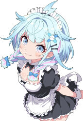  1girl absurdres ahoge apron black_bow black_bowtie black_dress blue_bow blue_eyes blue_hair bow bowtie braid breasts closed_mouth commentary_request detached_collar dress earclip enmaided frilled_apron frilled_dress frills hair_bow hair_flaps highres hololive hololive_dev_is irodori_drawpic lightning_ahoge long_hair low_twin_braids maid maid_apron maid_headdress mizumiya_su multicolored_hair pink_streaks short_dress simple_background small_breasts smile solo streaked_hair twin_braids virtual_youtuber waist_apron white_apron white_background 