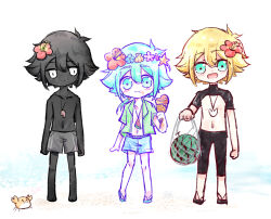  3boys alternate_costume alternate_hairstyle antenna_hair barefoot basil_(faraway)_(omori) basil_(headspace)_(omori) basil_(omori) black_hair black_skin blonde_hair blue_eyes blush chibi chibi_only closed_mouth collarbone collared_shirt colored_skin commentary_request crab double-parted_bangs eating flip-flops flower flower_wreath food fruit green_eyes green_hair green_shirt hair_between_eyes hair_flower hair_ornament head_wreath holding holding_ice_cream_cone ice_cream ice_cream_cone invisible_floor jewelry looking_at_viewer low_ponytail male_focus male_swimwear multiple_boys multiple_persona necklace omori open_clothes open_mouth open_shirt ponytail sakakien sandals shirt short_ponytail sidelocks simple_background smile standing stranger_(omori) swim_trunks topless_male watermelon white_background white_eyes 