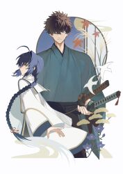  1boy 1other ahoge androgynous black_hair black_hakama blue_eyes blue_kimono braid braided_ponytail brown_hair commentary_request fate/samurai_remnant fate_(series) hair_intakes hair_over_one_eye hakama highres japanese_clothes katana kimono looking_at_another miyamoto_iori_(fate) natsukiki orange_eyes other_with_male sheath sheathed sidelocks simple_background single_braid sword topknot very_long_braid weapon white_background yamato_takeru_(fate) 