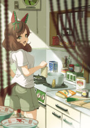  1girl :d animal_ears blurry blurry_foreground bowl brown_eyes brown_hair can chopsticks commentary_request cooking cooking_pot cutting_board ear_covers food green_shorts highres horse_ears horse_girl horse_tail indoors instant_noodle_block instant_noodles kettle kitchen knife looking_at_viewer nice_nature_(umamusume) noodles open_mouth satomura_kyou shirt short_sleeves shorts smile solo spring_onion standing steam stove t-shirt tail twintails umamusume ventilation_fan white_shirt 