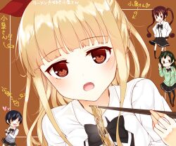  asagiri_koori black_bow black_bowtie blonde_hair blue_hair blue_sweater_vest bow bowtie brown_eyes cardigan chibi chopsticks close-up commentary_request dress_shirt food green_cardigan green_hair highres holding holding_chopsticks koizumi_(ramen_daisuki_koizumi-san) long_hair looking_at_viewer nakamura_misa noodles oosawa_yuu open_mouth out_of_frame portrait purple_hair ramen ramen_daisuki_koizumi-san school_uniform shirt sweater_vest takahashi_jun_(ramen_daisuki_koizumi-san) teeth upper_teeth_only white_shirt 