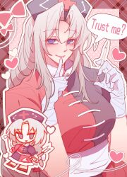  1girl absurdres black_sheep_(artist) blue_dress blue_eyes braid chibi chinese_commentary commentary_request dress english_text finger_to_mouth gloves grey_hair hat heart highres holding holding_syringe long_hair looking_at_viewer nurse_cap parted_bangs parted_lips red_dress short_sleeves smile solo speech_bubble syringe touhou two-tone_dress upper_body very_long_hair white_gloves yagokoro_eirin 