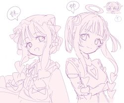  3girls absurdres closed_mouth crossed_arms hair_ornament halo highres long_hair looking_at_viewer magical_girl mahou_shoujo_ikusei_keikaku mahou_shoujo_ikusei_keikaku_criminal_sisters maid malu_661 multiple_girls nokko-chan open_mouth rain_pow sketch smile speech_bubble translation_request twin_stars_cutie_altair white_background 