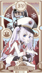  1boy 1girl absurdres artist_name backpack bag blue_archive blue_eyes blue_halo boots card_(medium) cherino_(blue_archive) cherino_(portrait)_(blue_archive) commentary english_text fake_facial_hair fake_mustache gloves goanchor halo hat highres holding jacket long_hair looking_at_viewer one_side_up peaked_cap pointing pointing_at_viewer randoseru red_bag red_winter_federal_academy_logo roman_numeral sitting tarot tarot_(medium) the_emperor_(tarot) twitter_username white_boots white_gloves white_hair white_hat white_jacket 