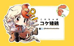  1girl animal_on_head artist_name baby_animal bird bird_on_head bird_tail blonde_hair blowing_whistle blush chibi chibi_only chick chicken_girl commentary_request dress feathered_wings full_body highres kokechankokko multicolored_hair niwatari_kutaka on_head orange_dress red_eyes red_hair shirt solo tail touhou translation_request two-tone_hair whistle white_shirt wings yellow_wings 