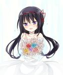  1girl akemi_homura bare_shoulders black_hair blush bouquet dress flower hair_ribbon long_hair looking_at_viewer mahou_shoujo_madoka_magica open_mouth ribbon smile solo tatsuyoshi_(zawahomura) tears violet_eyes wedding_dress white_dress 