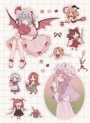  6+girls :d ;) ^_^ apron basket beret black_hat black_skirt black_vest blonde_hair blue_dress blue_eyes blue_flower bouquet bow braid brown_hair capelet closed_eyes closed_mouth collared_shirt commentary crescent crescent_hat_ornament demon_tail demon_wings detached_sleeves dress flandre_scarlet flower flower_wreath frilled_hair_tubes frilled_shirt_collar frills gohei green_hat grid_background hair_bow hair_ribbon hair_tubes hakurei_reimu hat hat_bow hat_ornament head_wings head_wreath heart highres holding holding_bouquet holding_flower holding_gohei holding_vase holding_watering_can hong_meiling izayoi_sakuya kirisame_marisa koakuma lavender_(flower) long_hair long_sleeves maid_headdress mozukuzu_(manukedori) multiple_girls one_eye_closed patchouli_knowledge pink_flower pink_shirt pink_skirt pink_tulip plant_monster puffy_short_sleeves puffy_sleeves purple_capelet purple_dress purple_flower purple_hair purple_hat purple_ribbon red_bow red_eyes red_flower red_ribbon red_rose red_shirt red_skirt remilia_scarlet ribbon ribbon-trimmed_sleeves ribbon_trim rose shirt short_hair short_sleeves skirt smelling smelling_flower smile star_(symbol) star_hat_ornament striped_clothes striped_dress swimsuit tail touhou tulip twin_braids untranslatable_commentary vest watering_can white_apron white_bow wide_sleeves wings witch_hat yellow_eyes yellow_flower 
