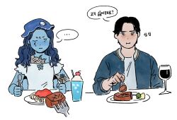  annoyed black_hair blue_eyes blue_hair blue_jacket blue_skin chocytd closed_mouth colored_skin commentary_request cup drinking_glass eating elden_ring extra_arms food holding_utensil husband_and_wife jacket korean_commentary korean_text offering_food pale_skin pasta ranni_the_witch shirt spaghetti steak tarnished_(elden_ring) translation_request violet_eyes white_shirt wine_glass 