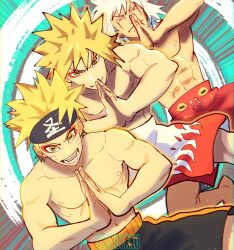  3boys abs aged_down blonde_hair eyeshadow facial_mark highres horizontal_pupils jiraiya_(naruto) makeup male_focus multiple_boys muscular muscular_male namikaze_minato naruto_(series) naruto_shippuuden orange_eyeshadow own_hands_together sennin_mode shorts spiky_hair taku_(aywakutakuay) teacher_and_student toned toned_male topless_male uzumaki_naruto whisker_markings white_hair 
