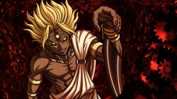  armlet asian_indian_clothes black_sclera bleach blonde_hair bracelet broken broken_sword broken_weapon colored_sclera dairokutenhajun dark-skinned_male dark_skin dies_entelecheia dies_irae_pantheon earrings gold_armlet gold_bracelet hajun highres hoop_earrings jewelry kajiri_kamui_kagura long_earlobes outstretched_hand parody pectorals reaching red_background scene_reference shinza_bansho_series spiky_hair sword third_eye toned toned_male upper_body weapon white_eyes 