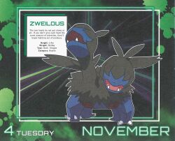  absurdres black_fur blue_fur character_name claws covered_eyes english_text fangs highres magicmalcolm multiple_heads no_humans open_mouth outline paint_splatter pokemon pokemon_(creature) solo two-tone_fur white_outline zweilous 