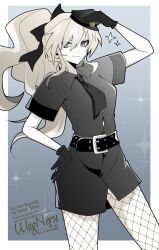  1girl absurdres belt black_dress black_gloves black_hat breasts commentary_request dress fate/grand_order fate_(series) fishnet_pantyhose fishnets gloves grey_eyes hat highres kriemhild_(fate) long_hair looking_at_viewer medium_breasts mole mole_under_eye necktie pantyhose police_hat ponytail short_sleeves smile solo thighs wagu_neru white_hair 
