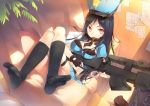  1girl assault_rifle black_bra black_gloves black_hair black_legwear bra breasts caitlyn_(league_of_legends) chair cleavage fingerless_gloves fred04142 gloves gun hat kneehighs league_of_legends long_hair looking_at_viewer necktie_between_breasts puffy_sleeves rifle shirt short_sleeves sitting skirt skirt_set smile solo underwear weapon 