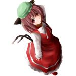  1girl animal_ears ao-shiba brown_hair cat_ears chen from_above hat red_eyes short_hair solo touhou 