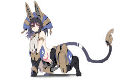 1girl all_fours animal_ears animal_hands animal_legs bare_shoulders bell black_hair full_body highres jingle_bell looking_at_viewer mechanical_ears mechanical_legs mechanical_tail medium_hair neck_bell nemes original pubic_tattoo red_eyes single_breast_curtain solo sphinx tail tattoo white_background zhu_fun 