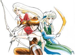  1990s_(style) 3girls arm_warmers armlet armor arrow_(projectile) bare_shoulders belt black_choker blonde_hair blood blood_on_knife blue_eyes bow_(weapon) bracelet brown_eyes brown_hair choker clothing_request earrings english_commentary forehead_jewel gloves gold_armlet hair_tubes holding holding_arrow holding_boomerang holding_bow_(weapon) holding_weapon jewelry knife laia_ii_(phantasy_star) luise_(phantasy_star) lynn_(phantasy_star) multiple_girls official_art ozaki_toyo pauldrons phantasy_star phantasy_star_iii ponytail retro_artstyle shoulder_armor sidelocks silver_armlet silver_bracelet silver_earrings simple_background single_pauldron time_paradox trait_connection weapon white_background white_belt 