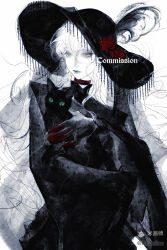  1girl absurdres animal black_cat black_dress black_hat blood blood_on_hand cat character_request choker closed_mouth commission copyright_request dress eyelashes flower green_eyes hair_between_eyes hat hat_feather hat_flower heterochromia highres holding holding_animal holding_cat long_hair long_sleeves mihuashi_commission nnnadaline original partially_colored red_choker red_flower red_rose rose solo upper_body water wide_sleeves yellow_eyes 