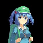  1girl athrun1120 backpack bag black_background blue_eyes blue_hair breasts hair_bobbles hair_ornament hat kawashiro_nitori key looking_at_viewer short_hair simple_background smile solo touhou twintails vest 