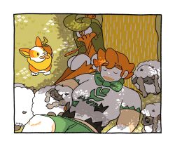  1boy 6+others against_tree english_commentary fang freckles front_hook grass green_shorts highres looking_at_another milo_(pokemon) multiple_others on_ground open_mouth pokemon pokemon_(creature) pokemon_sword_and_shield shadow shirt shorts sleeping smile tongue tongue_out tree tsareena under_tree white_shirt wooloo yamper 