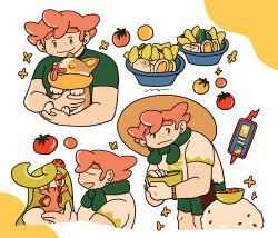  1boy 3others bowl closed_eyes closed_mouth commentary eldegoss freckles front_hook green_shirt green_shorts hat highres holding holding_bowl milo_(pokemon) multiple_others open_mouth pokemon pokemon_(creature) pokemon_sword_and_shield rotom rotom_phone shirt shorts smile straw_hat tomato tsareena untranslatable_commentary white_shirt yamper 
