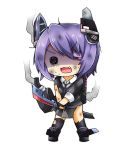  1girl chibi eyepatch greenteaneko headgear kantai_collection necktie personification purple_hair school_uniform short_hair smile solo sword tenryuu_(kantai_collection) thighhighs weapon white_background 