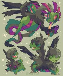  alternate_color artist_name black_fur black_sclera chocodiley claws colored_sclera covered_eyes deino_(pokemon) evolutionary_line fangs green_background green_fur hydreigon multiple_heads no_humans open_mouth pokemon pokemon_(creature) red_eyes shiny_pokemon simple_background sparkle tail tongue tongue_out two-tone_fur zweilous 