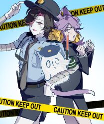 1boy 1girl 1other android animal_ears bell black_hair black_jacket blue_shirt bound bound_wrists cat_ears cat_girl cat_tail caution_tape chinese_commentary collared_shirt commentary cousins cuffs deltarune fang flying_sweatdrops ghost ghost_pink_(deltarune) gradient_background grey_necktie hair_bell hair_ornament hair_over_one_eye handcuffs hat highres holding_baton jacket jiayang_xiao_t mad_mew_mew mettaton mettaton_ex multicolored_hair napstablook necktie open_mouth pink_eyes pink_hair police_hat purple_hair robot_boy shirt smile tail two-tone_hair undertale utdr_(toby_fox) violet_eyes 