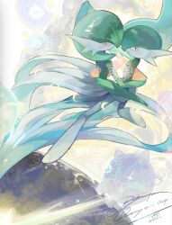  1boy 1girl artist_name blush bob_cut colored_skin commentary_request dress gallade gardevoir green_hair green_skin highres looking_at_viewer minior multicolored_skin pokemon pokemon_(creature) signature two-tone_skin white_dress white_skin yueryu_(taroyuer2) 