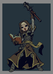  1girl :d arm_up armor book border breasts commentary darkest_dungeon english_commentary gloves grey_border highres holding holding_book holding_mace holding_weapon hollow_eyes leather leather_gloves mace medium_breasts open_book pauldrons plate_armor sabaton sash shoulder_armor simple_background smile solo spiked_mace spiked_pauldrons spikes vestal_(darkest_dungeon) waa153 weapon wimple 