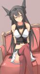  1girl bare_shoulders black_hair crossed_legs elbow_gloves gloves hair_ornament hairband headgear kantai_collection long_hair nagato_(kantai_collection) nahu navel personification red_eyes red_legwear sitting smile solo thighhighs 