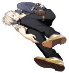  1boy akiyoshi_haru gradient_hair green_eyes grey_hair jewelry ludger_will_kresnik lying male multicolored_hair on_side pants pendant shirt shoes solo tales_of_(series) tales_of_xillia tales_of_xillia_2 white_background white_hair 