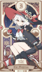  1girl absurdres apple artist_name black_hat black_jacket black_skirt black_socks blue_archive bolt_action bow bowtie braid breasts brown_eyes brown_shoes carcano card_(medium) commentary diagonal-striped_bow diagonal-striped_bowtie diagonal-striped_clothes english_text eri_(blue_archive) food fruit goanchor grey_hair gun halo hat highres holding holding_food holding_fruit jacket large_breasts large_hat long_hair long_sleeves looking_at_viewer low-tied_long_hair miniskirt pleated_skirt red_bow red_bowtie rifle roman_numeral shirt shoes side_halo single_braid sitting sitting_on_object skirt socks solo striped_bow striped_bowtie striped_clothes tarot tarot_(medium) the_magician_(tarot) twitter_username two-sided_fabric two-sided_headwear undershirt very_long_hair weapon white_shirt witch_hat yellow_halo 