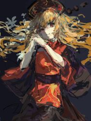  1girl belt black_background black_belt black_dress black_hat breasts chinese_clothes chinese_commentary commentary_request cowboy_shot crescent crescent_print crying crying_with_eyes_open dalachi_(headdress) dress floating_clothes floating_hair flower hair_between_eyes hands_up hat highres junko_(touhou) lily_(flower) long_dress long_hair long_sleeves looking_at_viewer mandarin_collar medium_breasts orange_hair own_hands_together phoenix_print pom_pom_(clothes) red_eyes red_tabard simple_background solo standing tabard tassel tears teeth touhou user_zfyn5582 wavy_hair white_flower wide_sleeves 
