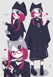  ... 1girl absurdres animal_ear_fluff animal_ear_headwear animal_ears beanie black_choker black_cloak black_dress black_gloves black_hat black_nails black_shoes black_socks cat_ears cat_girl cellphone choker cloak closed_mouth commentary cross cup disposable_cup dress drinking_straw fingerless_gloves fingernails glasses gloves grey_background grey_hair hair_ornament hairclip hand_up hands_up hat heart heart_in_eye highres holding holding_cup holding_phone inverted_cross long_sleeves looking_at_viewer mary_janes multicolored_hair multicolored_nails multiple_views nail_polish open_cloak open_clothes original papaia_(quentingqoo) parallel_hairclips parted_bangs phone pigeon-toed pink-framed_eyewear pink_eyes pink_hair pink_nails platform_shoes pointing print_dress print_gloves semi-rimless_eyewear shoes short_hair_with_long_locks simple_background smartphone socks star_(symbol) symbol_in_eye two-tone_hair under-rim_eyewear untranslatable_commentary v waving 