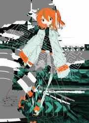  1girl a.i._voice absurdres adachi_rei azala_exire belt blending commentary grey_skirt hair_between_eyes highres jacket long_sleeves looking_at_viewer miniskirt one_side_up open_clothes open_jacket orange_belt orange_eyes orange_hair skirt solo utau white_jacket 