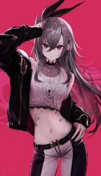  1girl ahoge black_jacket body_jewelry bow breasts commentary_request cropped_shirt crown_hair_ornament ear_piercing earclip earrings grey_hair hair_bow hair_ornament hand_on_own_head hand_on_own_hip highres hololive hololive_dev_is isaki_riona isaki_riona_(1st_costume) jacket jewelry lightning_ahoge long_hair looking_at_viewer midriff navel navel_piercing one_side_up pants piercing pink_background rabbit_bow red_eyes shirt simple_background solo spiked_ear_piercing two-tone_pants virtual_youtuber white_shirt zote_illust 