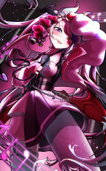  1girl absurdres choker commentary demon_girl demon_horns demon_wings english_commentary flower hair_ornament head_wings heart heart_hair_ornament heterochromia highres holding holding_microphone horns ironmouse ironmouse_(15th_costume) jacket long_hair looking_at_viewer mameta_(jsck2558) microphone multicolored_hair open_mouth pink_choker pink_hair pink_jacket pointy_ears purple_hair red_eyes skirt spiked_choker spikes streaked_hair twintails violet_eyes virtual_youtuber vshojo white_horns wings 
