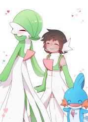  1boy 1girl 1other blue_skin blush brendan_(pokemon) brown_hair closed_eyes colored_skin commentary_request cosplay dlhumzwggz97612 dress gardevoir gardevoir_(cosplay) green_hair green_skin hair_over_one_eye heart highres mudkip multicolored_skin pokemon pokemon_(creature) pokemon_omega_ruby_and_alpha_sapphire simple_background smile two-tone_skin white_background white_dress white_skin 